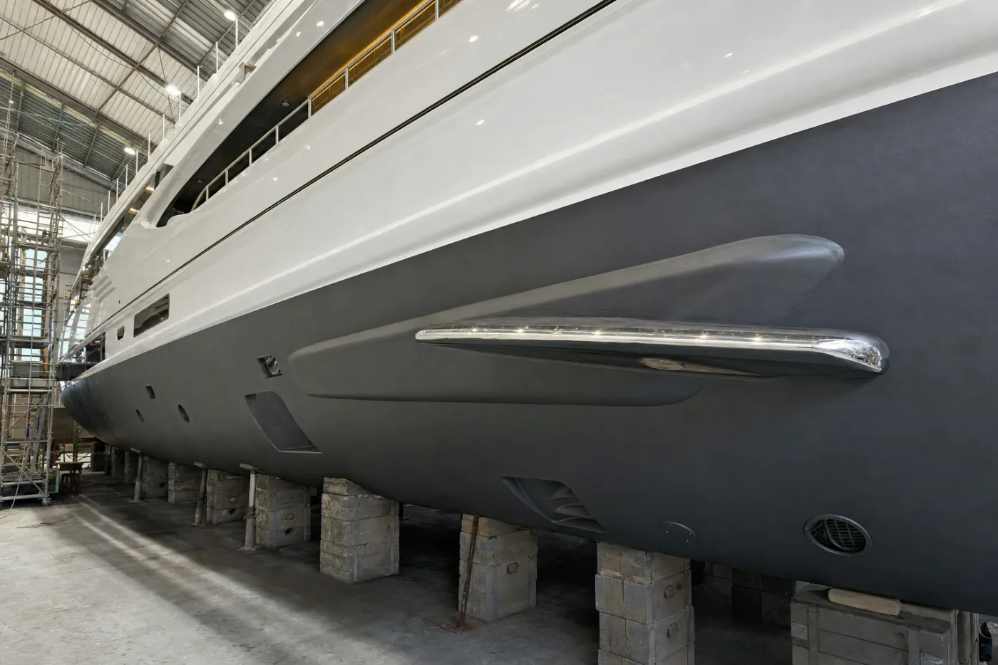 A yacht hull out of the water in a shed with a stabiliser fin fitted